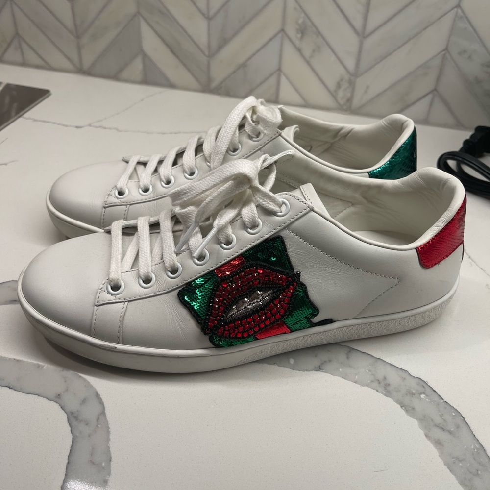 ️gucci Web Crystal Mouth Lips Ace White Calfskin Women's Sneakers